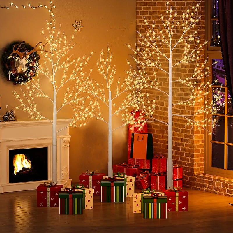 3-Piece Brich Tree Light Tree 4FT & 5FT & 6FT, Lighted Christmas Tree, Artificial Xmas Tree for Decoration Inside & Outside