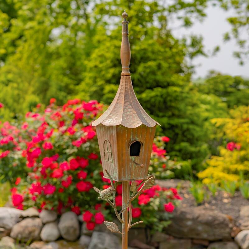 66" Tall Iron Birdhouse Stake "Verona" - 8" L x 7" W x 66" H