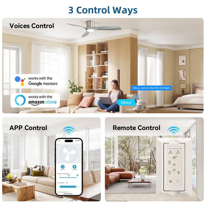 52in Smart Low Profile Ceiling Fans with Lights Remote Quiet DC Motor Control with WIFI Alexa App - 52