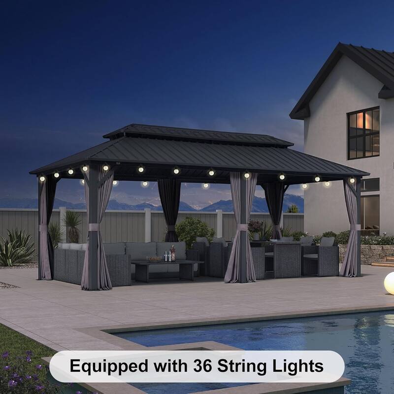 PURPLE LEAF Gazebo Grey Outdoor with Dual-Layer Galvanized Steel Double Roof Aluminum Gazebo with Netting and Curtains