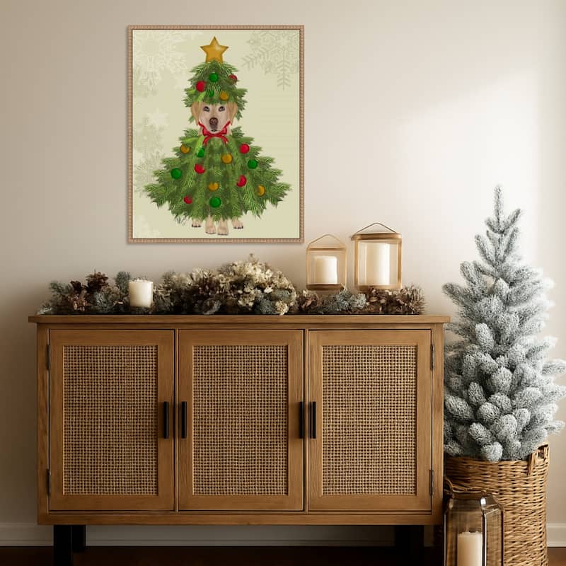 Yellow Labrador Christmas Tree Costume by Fab Funky (23 x 28 in.), Framed Canvas Wall Art Print - Sylvie Beaded Rustic Natural