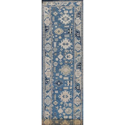 Hand Knotted Oriental 100% Wool Carpet Transitional All-Over Navy Blue & Blues Oushak Runner Rug - 16' 7'' X 2' 7''