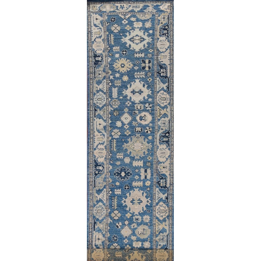 Hand Knotted Oriental 100% Wool Carpet Transitional All-Over Navy Blue & Blues Oushak Runner Rug - 16' 7'' X 2' 7''