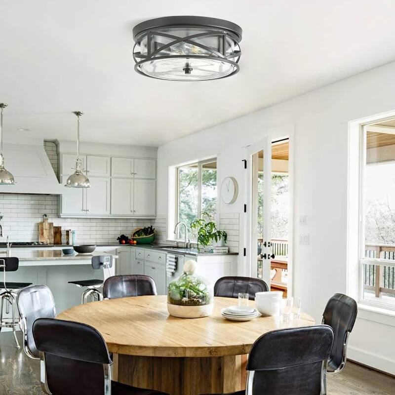 Farmhouse 2-Light Metal Frame Flush Mount Close to Ceiling Light with Seeded Glass Shade