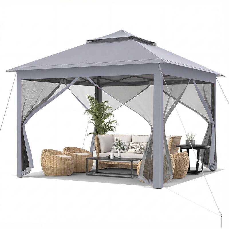 Gymax 11 ft x 11 ft Pop up Gazebo w/Mesh Netting Sidewalls Vented Top - Grey