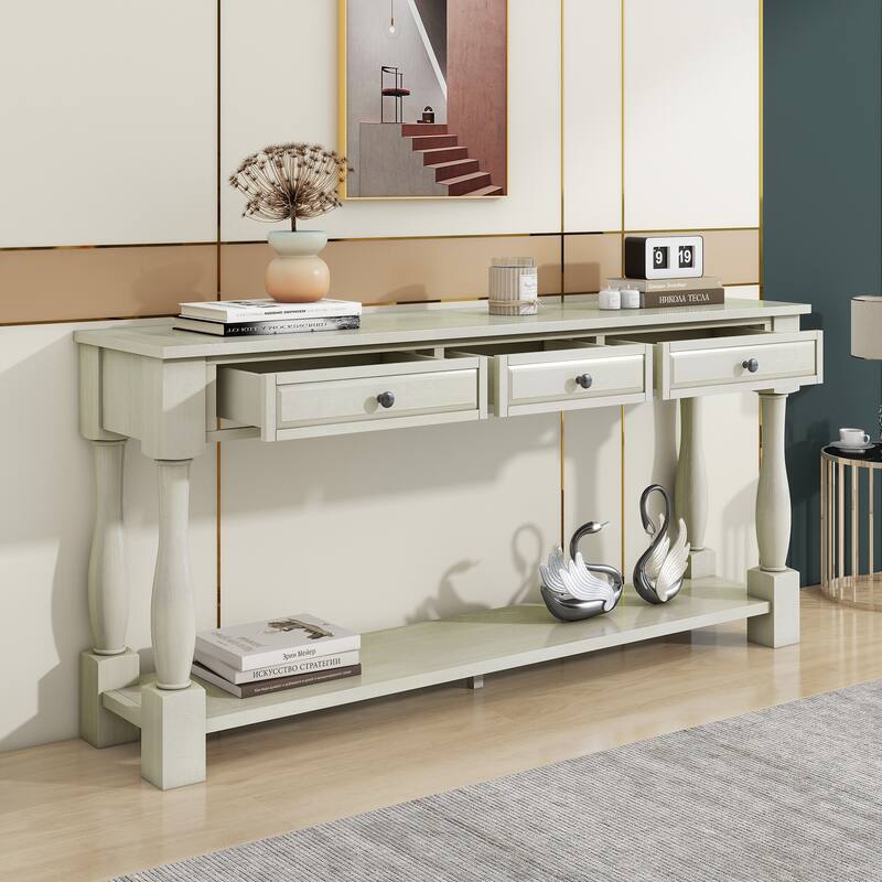 63" Console Table for Living Room, Long Entryway Table with 3 Storage Drawers & Open Storage Shelf, Wooden Sofa Table White