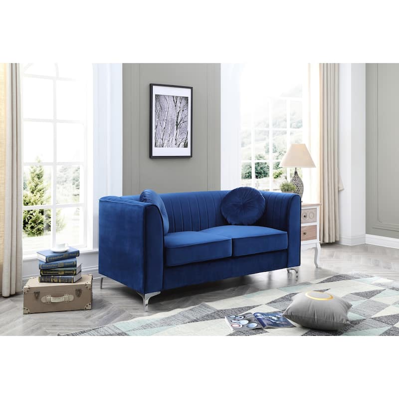 Roomfitters Velvet Loveseat, Sloped Arms, Channel-Tufted 2-Seater Sofa, Modern Glam Couch, Silver Metal Legs