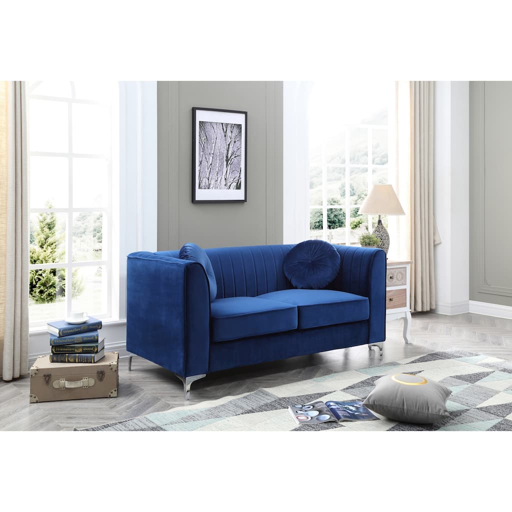 Roomfitters Velvet Loveseat, Sloped Arms, Channel-Tufted 2-Seater Sofa, Modern Glam Couch, Silver Metal Legs