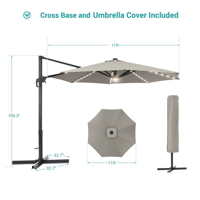BONOSUKI 11FT LED Cantilever Patio Umbrella Angle Adjustment w/Cross Base