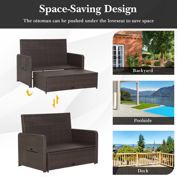 Patio Rattan Daybed with 4-Level Adjustable Backrest and Retractable Side Tray - 31" x 67" x 36"