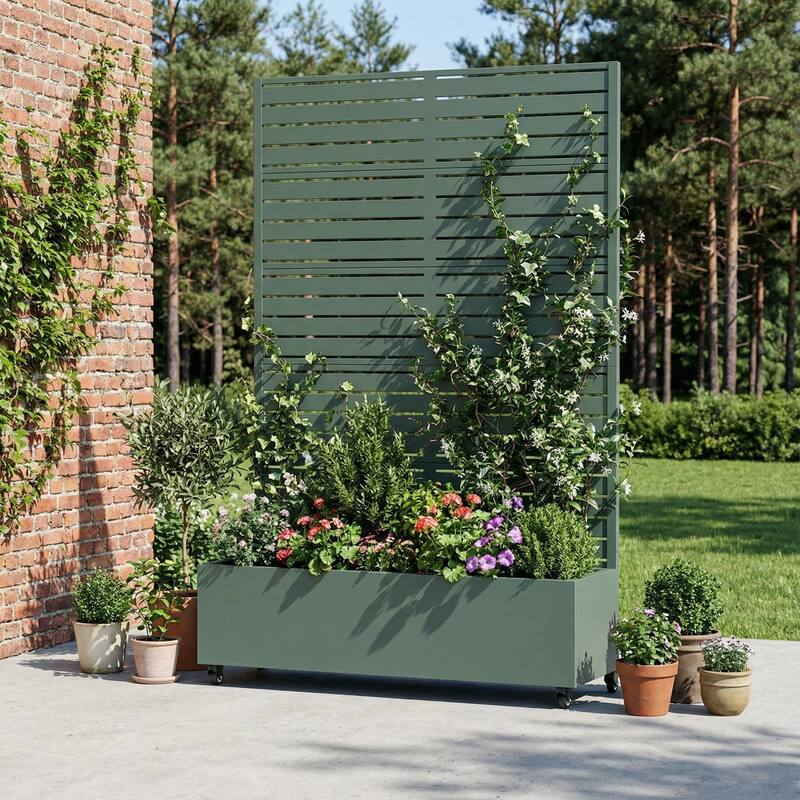 Raised Garden Bed Planter with Trellis Movable Planter Box with Lockable Wheels - 72*47 - Dark Green