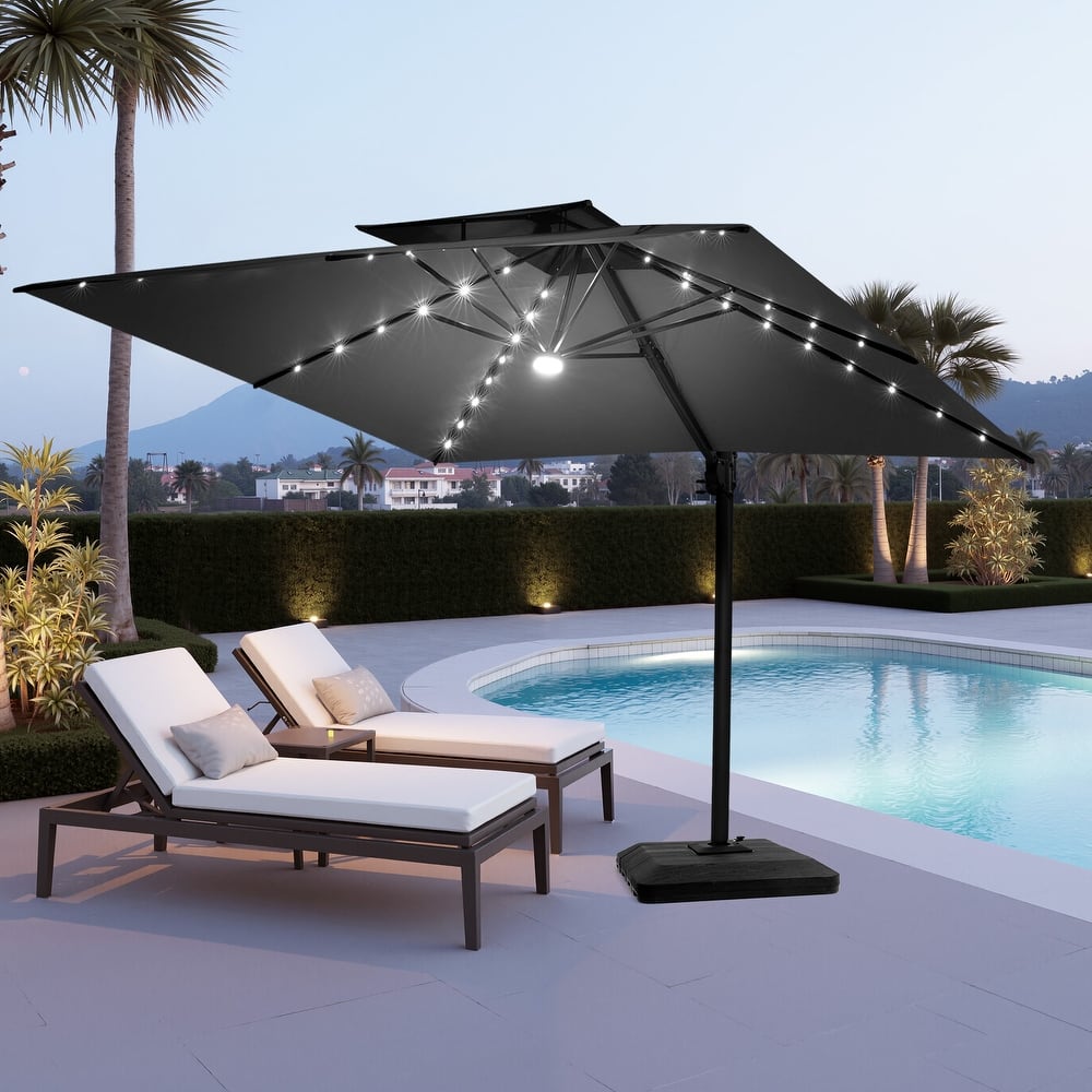 VredHom 11X11 FT Outdoor Square Cantilever Patio Umbrella Aluminum Solar LED Light with HDPE Base