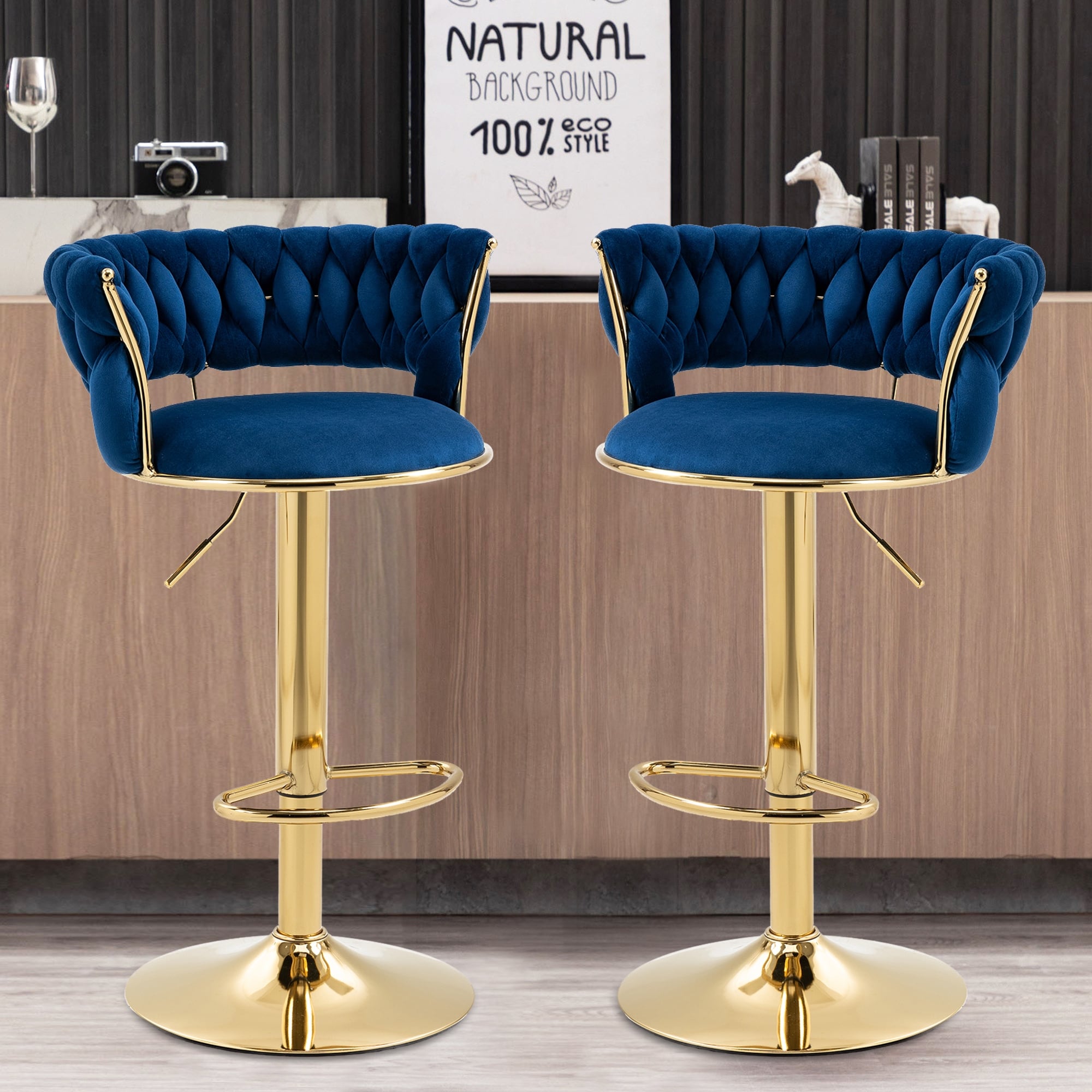 Toweling Fabric Adjustable Height Armless Bar Stools With Golden