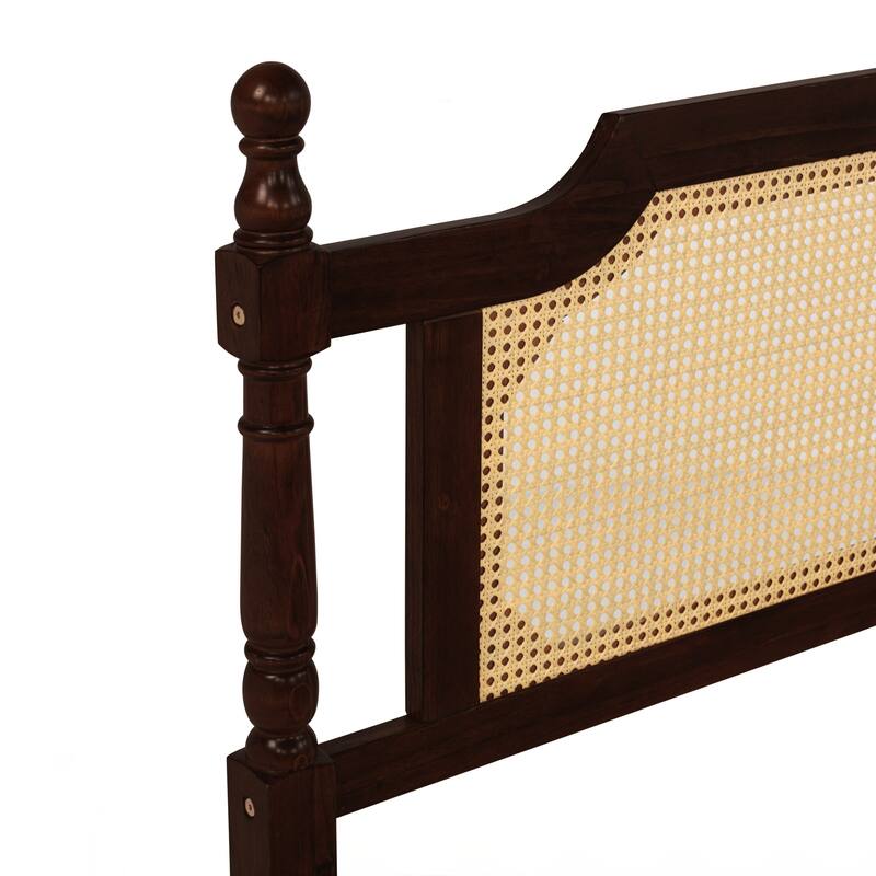 King Pine wooden Bed with Rattan Headboard and Footboard, with Central Enhanced Bed Platform