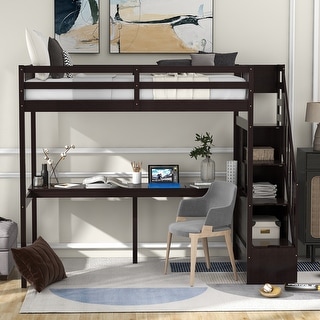 Twin Size Loft Bed with Storage Staircase and Built-in Desk, Space-Saving Design, Solid Wood Frame