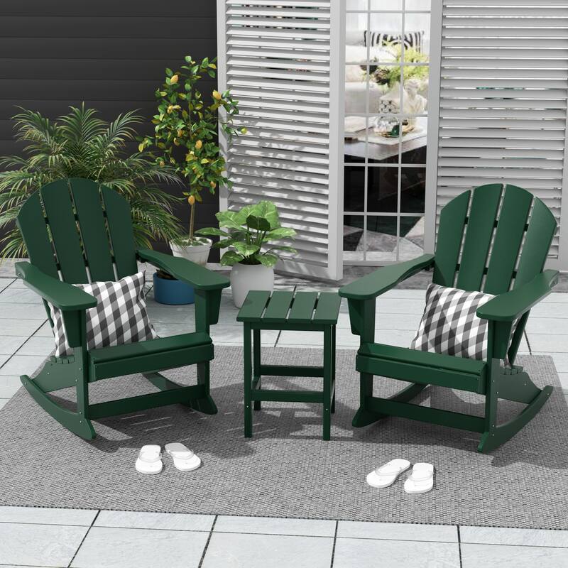 Polytrends Laguna Hdpe All Weather Outdoor Patio Rocking Chairs With Side Table (3-Piece Set) - Dark Green