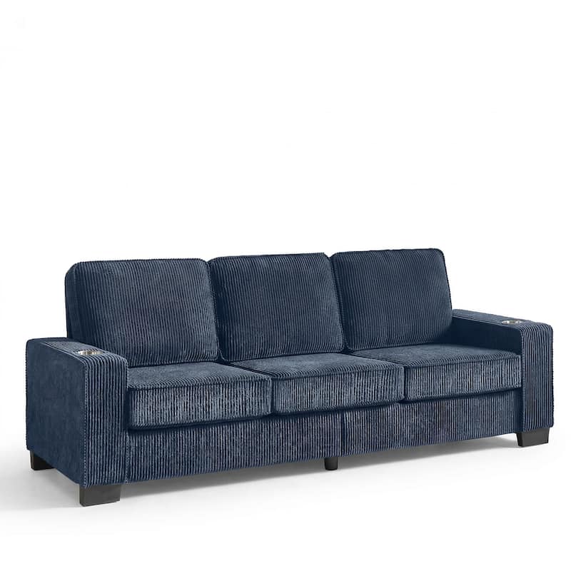 83.8'' Corduroy 3-Seat Sofa with Cup Holders, Modern Upholstered Couch, Compressed Living Room Sofa for Apartment Home Office