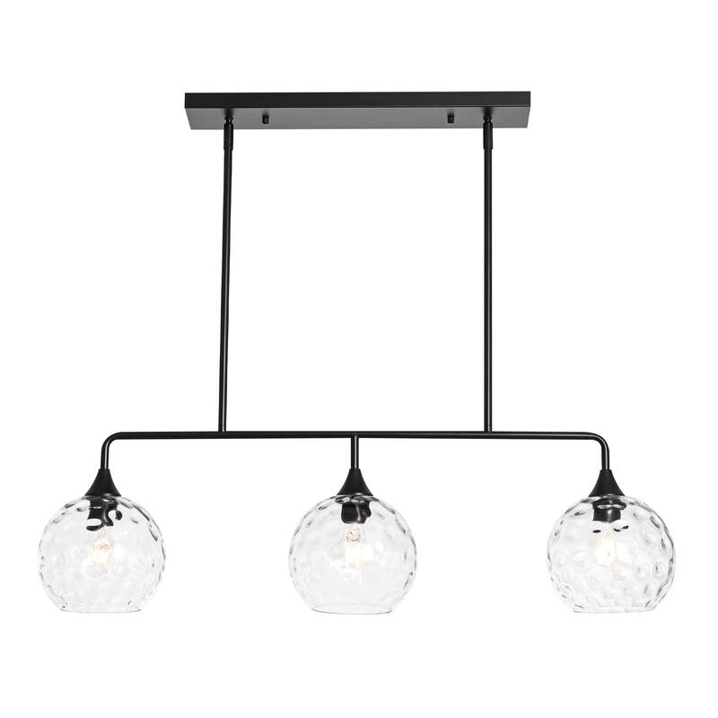 3-Light Modern Black/Brushed Gold Linear Chandelier for Kitchen Island with Clear Textured Glass Globe Shades