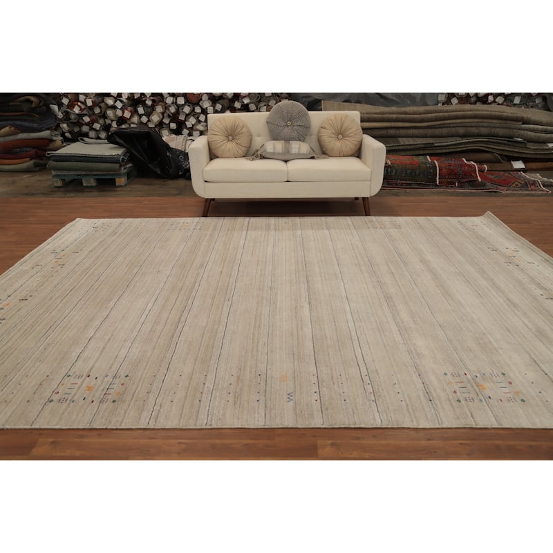 Hand Knotted Oriental Viscose Silk Carpet Tribal Animal Pictorial Beige & Ivories Gabbeh Area Rug - 11' 10'' X 8' 10''