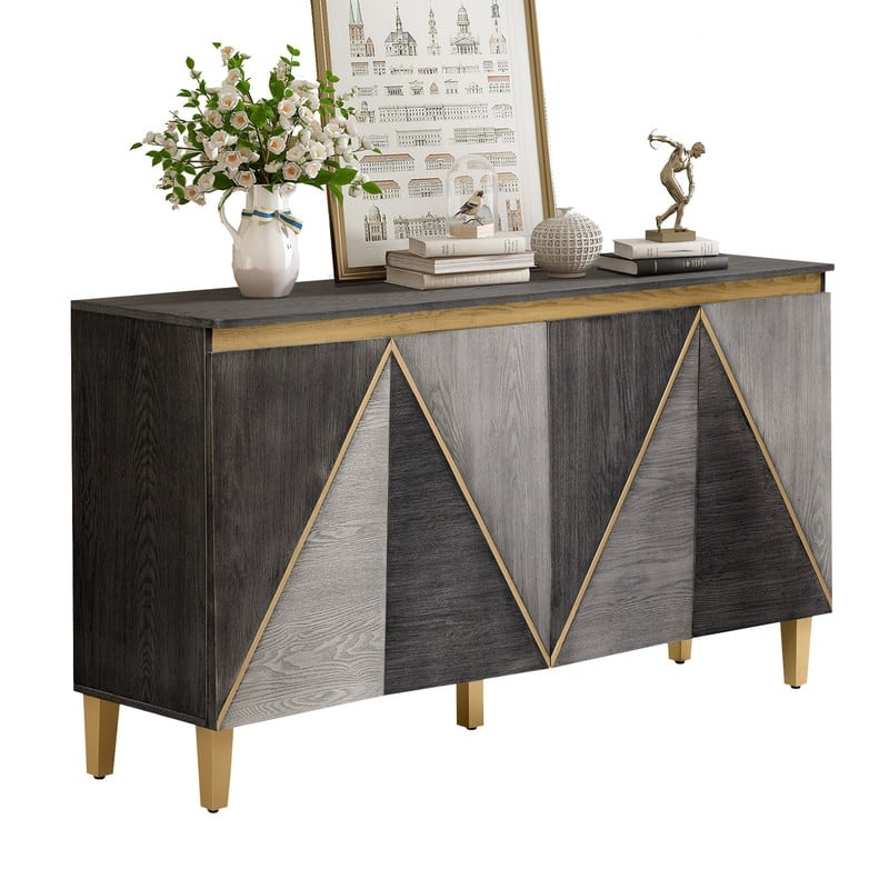 Retro 60" Buffet Cabinet with Storage, Vintage Sideboard with Dimensional Effect 4-Door