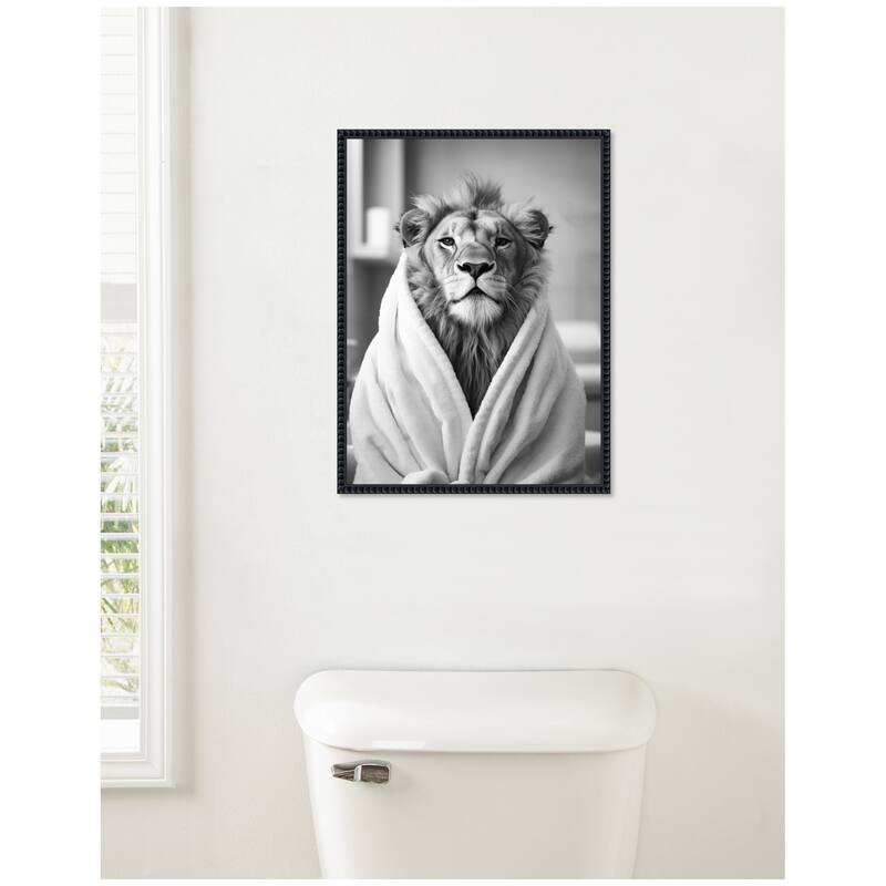 Kate and Laurel Sylvie Lion Bathroom Art Towel Robe Black and White Framed Canvas by The Creative Bunch Studio