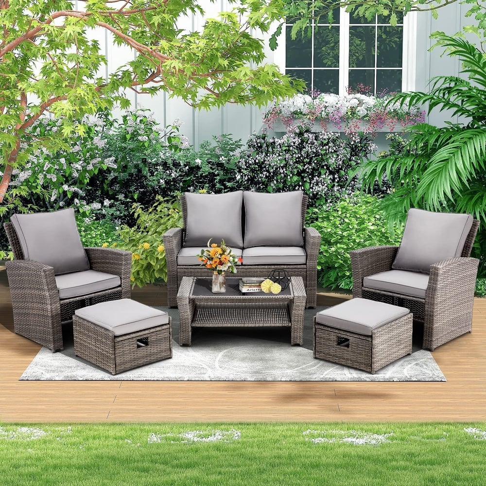 6-Piece Outdoor Sectional Sofa Set, PE Wicker Patio Furniture with Storage Coffee Table & Ottoman, Cushions, for Garden