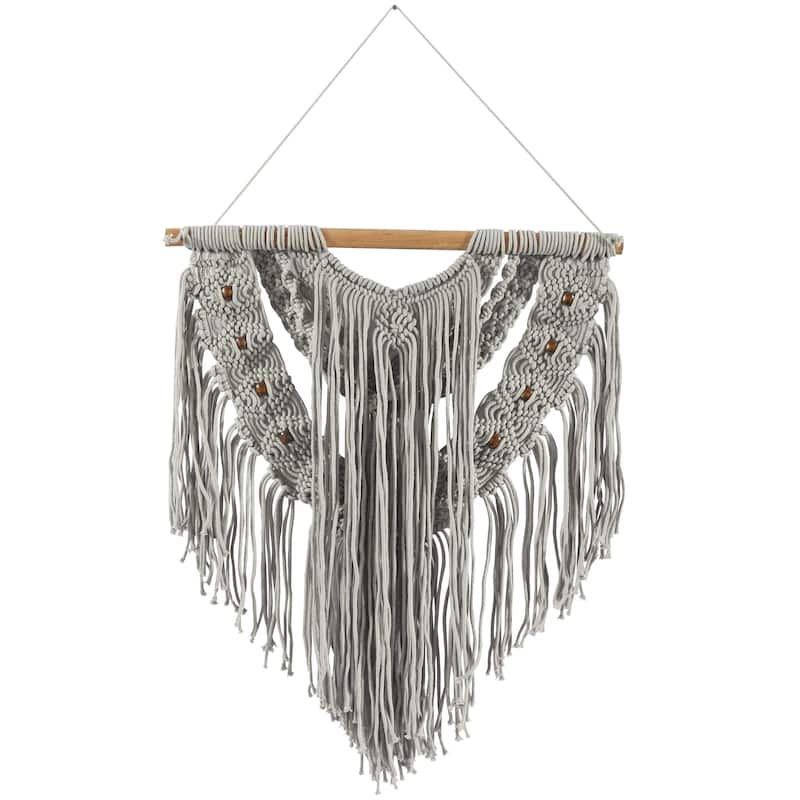 Cotton Fabric Macrame Handmade Intricately Weaved Wall Decor with Beaded Fringe Tassels - Gray - Roche River Decor