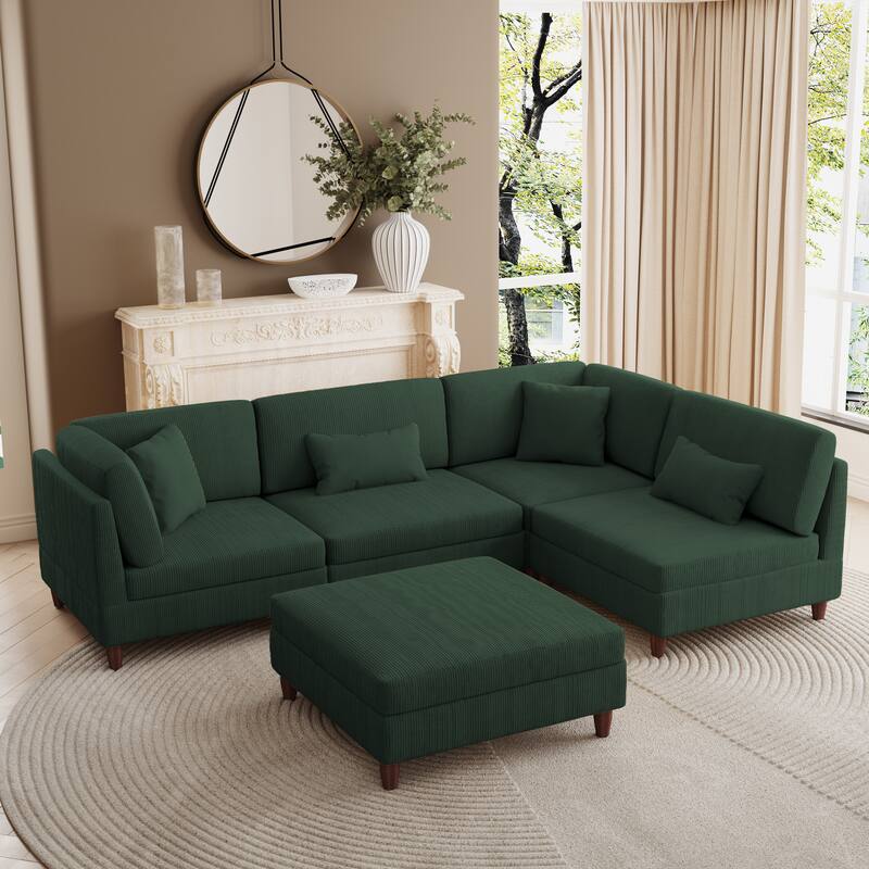 Corduroy Convertible Couch Modular Sectional Sofa with Ottoman - 5-Piece Hunter Green - Reversible