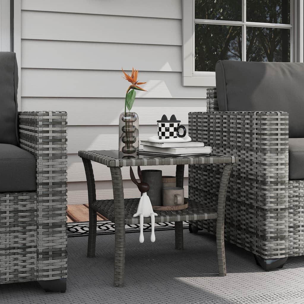 Outsunny Outdoor Wicker Coffee Table, Rattan Side Table with 2-Tier Storage Shelf , Aluminum Frame Square, End Table