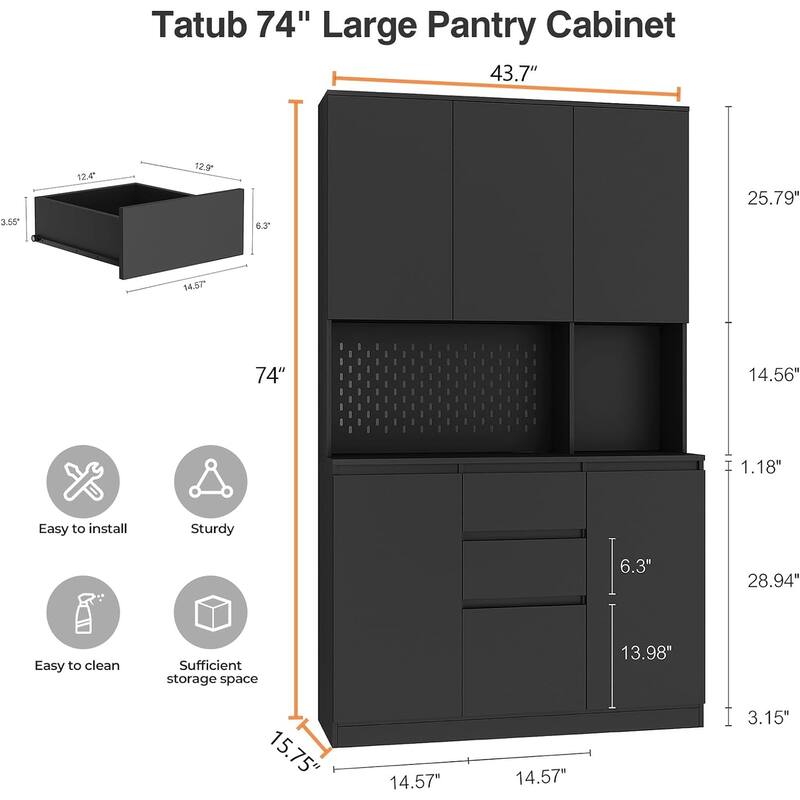 74" Freestanding Kitchen Pantry Cabinet Cupboard with 6 Doors,3 Shelves and 2 Drawer,Versatile Wardrobe & Kitchen Cabinet