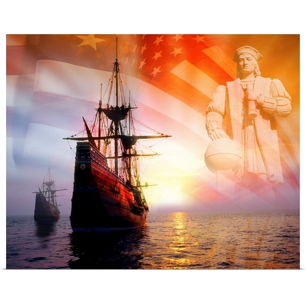 "Sailing ships, statue of Christopher Columbus and American flag" Poster Print