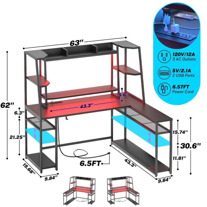 Ultimate L-Shape Gaming Desk with Hutch & Shelves, Reversible Computer Desk with LED Lights & Charging Station