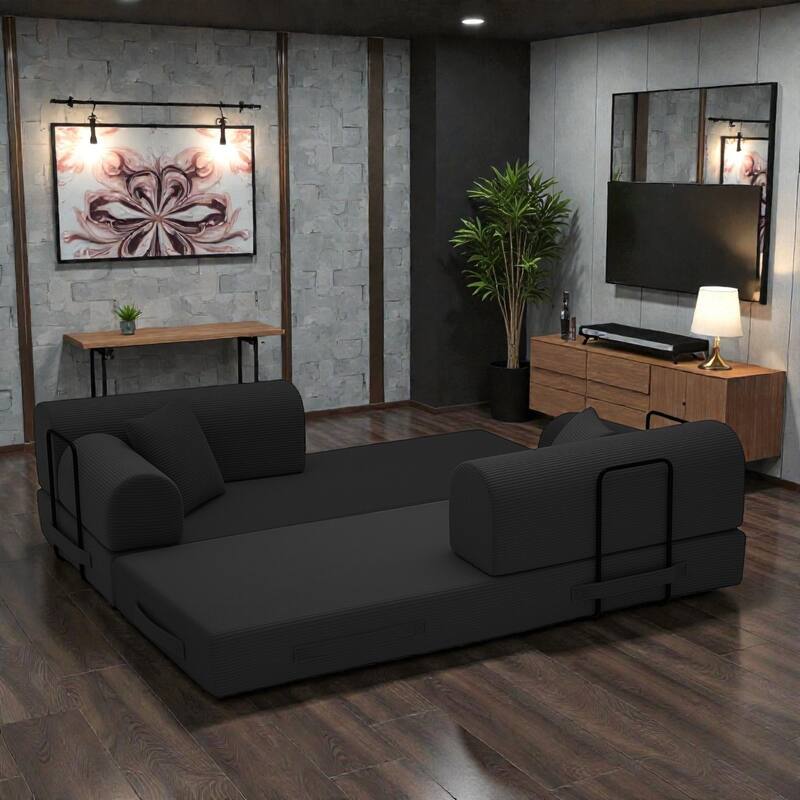 Convertible Sleeper Sofa Bed, 4-in-1 Corduroy Folding Floor Couch with Cylindrical Pillow, 2-Seat Space-Saving Lounge Sofa