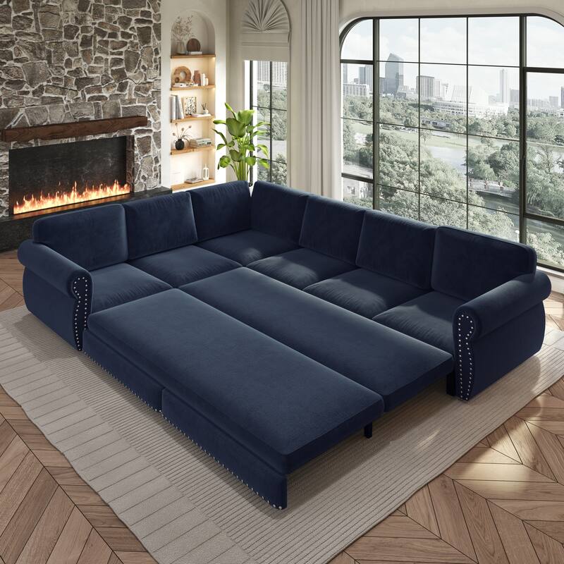 L-Shaped Sectional Sofa with Pull-Out Bed, Oversize Convertible Sleeper Sofa with Rolled Arms, Chenille Upholstery