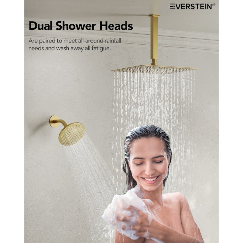 Dual Heads Thermostatic Shower Faucet with 12" Rainfall Shower, Handhels Spray And Body Jets - 12" x 6"