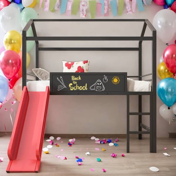 slide 2 of 13, Twin Size Metal House Bed Loft Bed With Slide and Two-sided Writable Wooden Board,Solid Construction Black+Red
