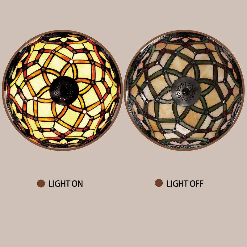 Parponk 52-Inch Flushmount Two-Tiered Lighted Ceiling Fan Green Hatch Tiffany Glass Lamp Black Finish