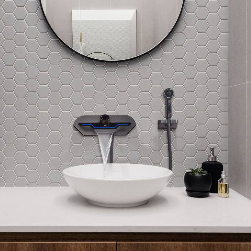 3-Way Digital Waterfall Bathroom Sink Faucet with Side Spray in Grey/White