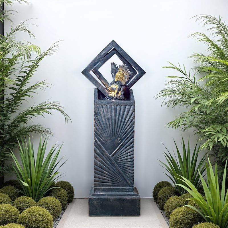 Vbal 46″ Modern Outdoor Polyresin Column Fountain with Eagle and LED Lights