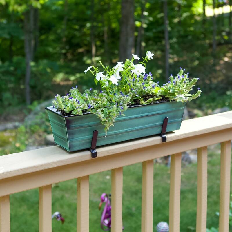 Achla Designs Small Galvanized Steel Flower Box Planter With Brackets for 2 x 6 Railings, 22 Inch Wide