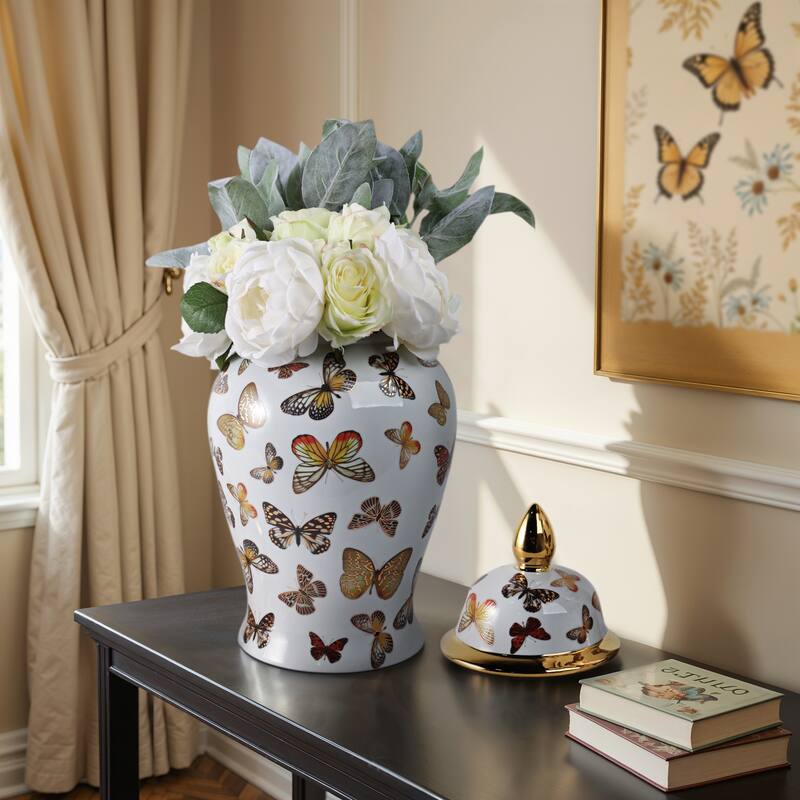 Ceramic Decorative Temple Jar with Lid and Metallic Butterfly Motif