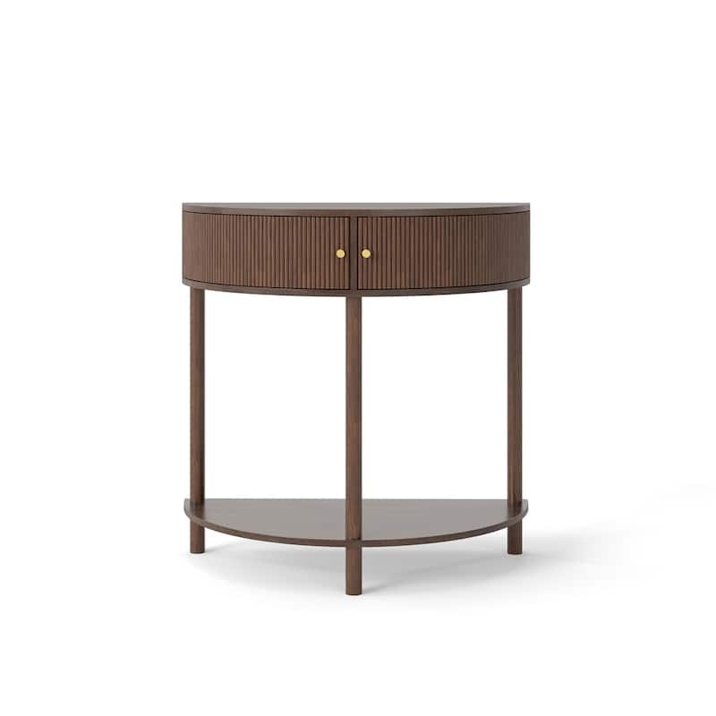 Half Moon Design End Table with Sliding Rattan Door