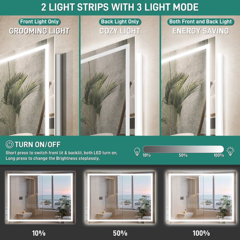 Durx-litecrete Bathroom Vanity Mirror with Single LED Light Strips and Adjustable Brightness - 48*36