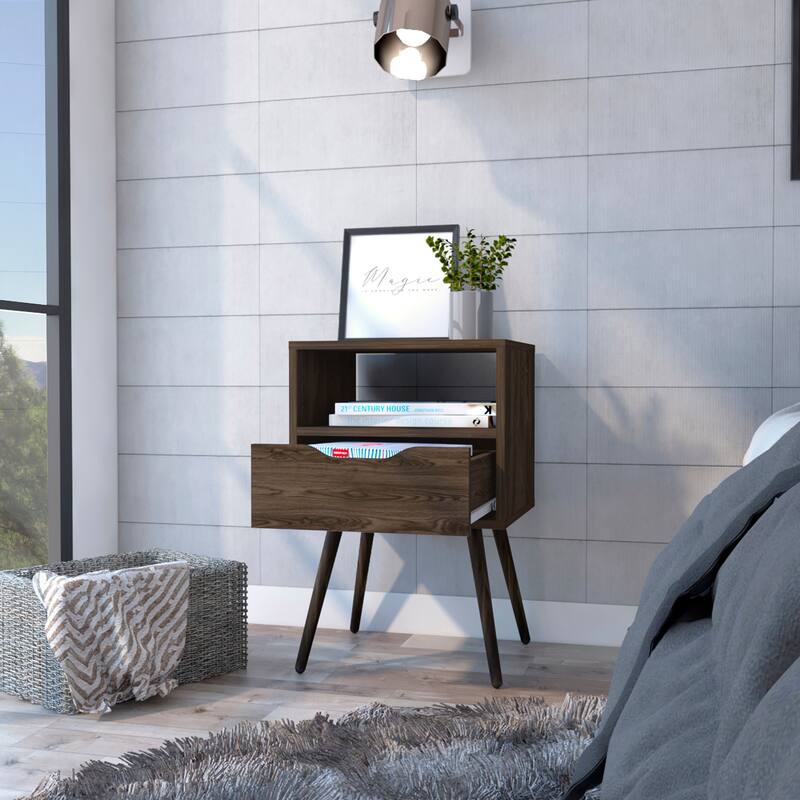 Modern Dark Walnut Nightstand with Drawer and Open Shelf, Compact and Durable Design