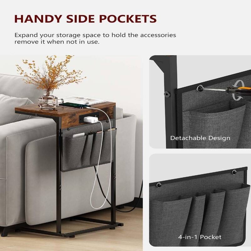 C Shaped End Table with Charging Station - 16"D x 10"W x 28"H