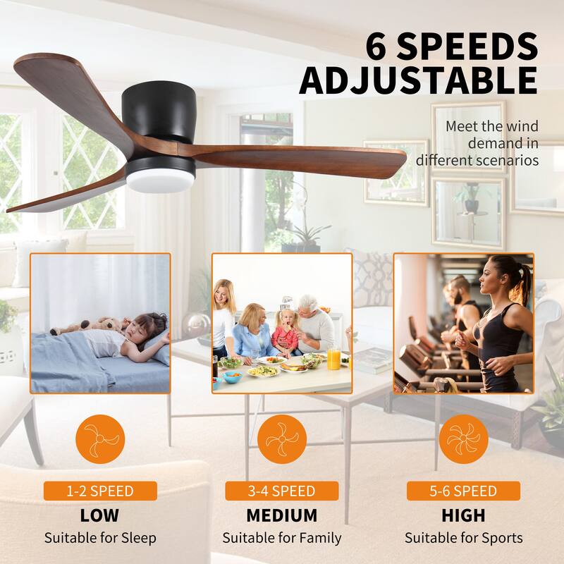 52"Solid Wood Ceiling Fan with Light Optional, 6-Speed Reversible DC Motor and Remote control,Smart Optional