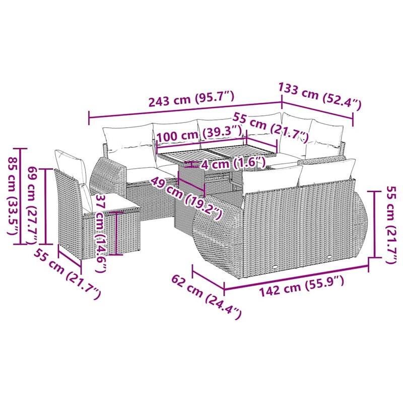 vidaXL Patio Sofa Set with Cushions Outdoor Furniture 9 Piece Poly Rattan - 21.7 x 24.4 x 27.2