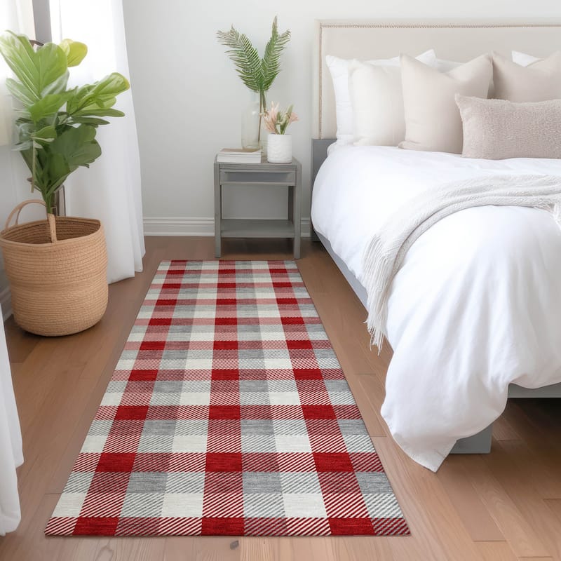 Machine Washable Indoor/ Outdoor Plaid Chantille Rug - Red - 2'3" x 7'6"