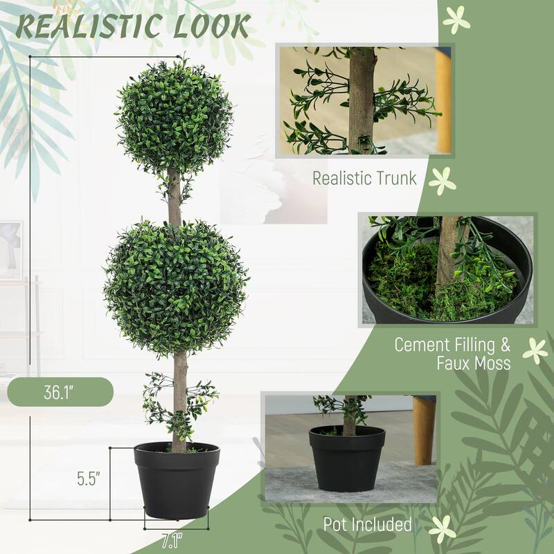 Artificial Boxwood Topiary Ball Trees Green PE Cement Pots for Indoor and Outdoor Decoration - 36"