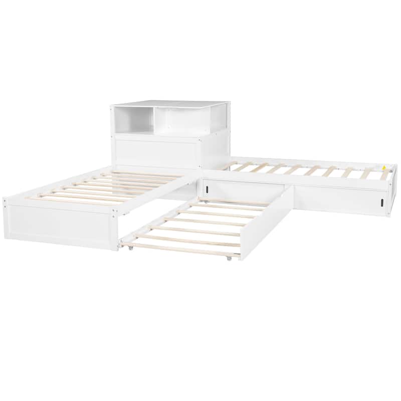Twin Size L-shaped Bed Frame with Trundle Bed and Storage Cabinets, Desk, Lighting, Corner Platform Storage Bed Frame